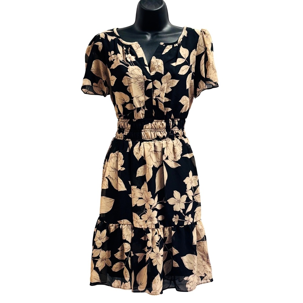 Taylor Womens Floral Smocked Waist‎ Fit and Flare Ruffle Dress Black Tan Size 4